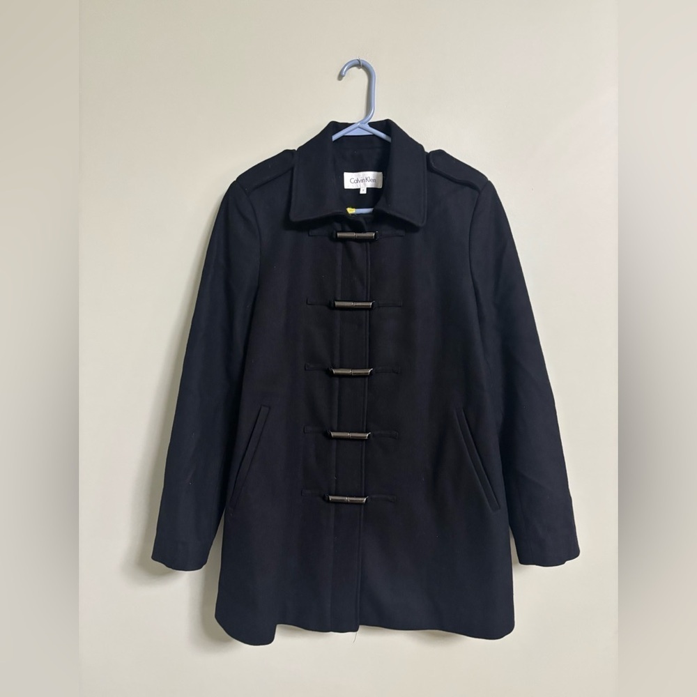 Calvin Klein Size 8 Wool Blend Toggle Clasp Coat Black Full Zip Jacket Dress